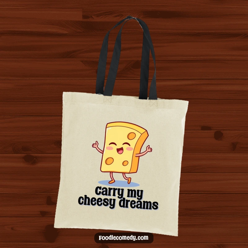 Funny tote bag featuring a winking cheese slice elegantly dancing the tango, perfect for carrying essentials with a humorous touch.