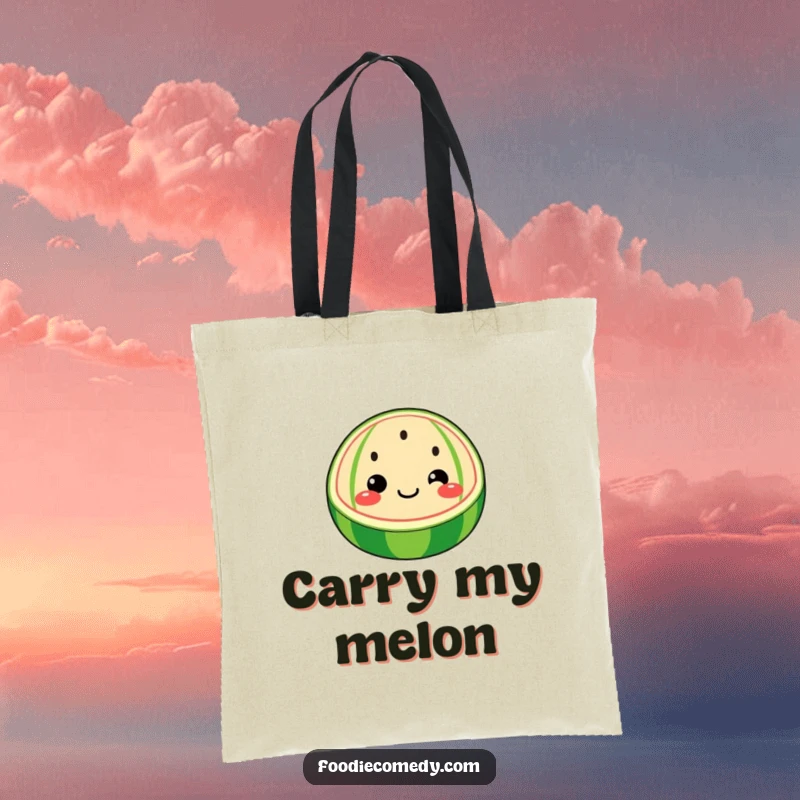 Funny watermelon tote bag with a whimsical watermelon slice doing a face and wiggling its seeds, a great funny gift.