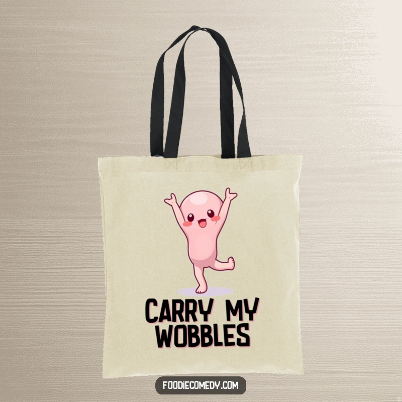 Funny Tote Bag: A wobbly jelly character attempts a handstand, illustrating instability and humor for your daily carry.