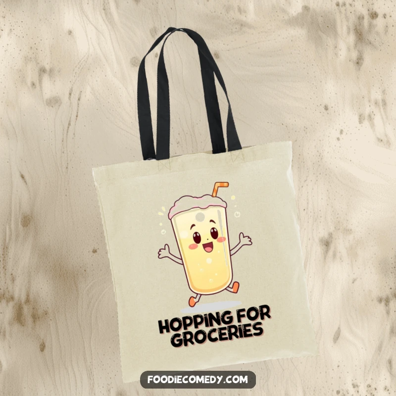 Funny tote bag with a bubbly beverage doing a joyful little hop, perfect for carrying essentials with a splash of bubbly humor.