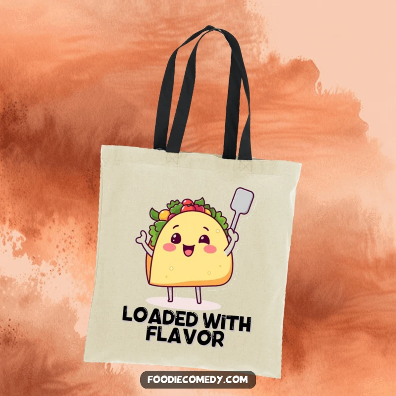 Funny taco tote bag with a smiling face, tiny legs, and a spatula, ideal for grocery shopping and carrying food essentials.