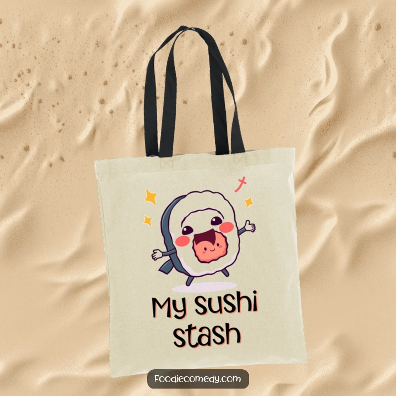 Funny sushi roll tote bag doing a lively jitterbug dance, ideal for carrying daily items with a flavorful flair.