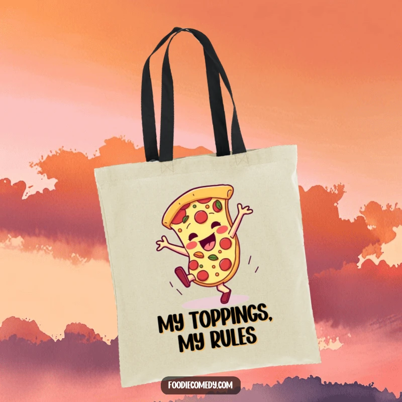 Funny pizza tote bag, a vibrant slice breakdancing with active toppings, perfect for carrying groceries and smiles.
