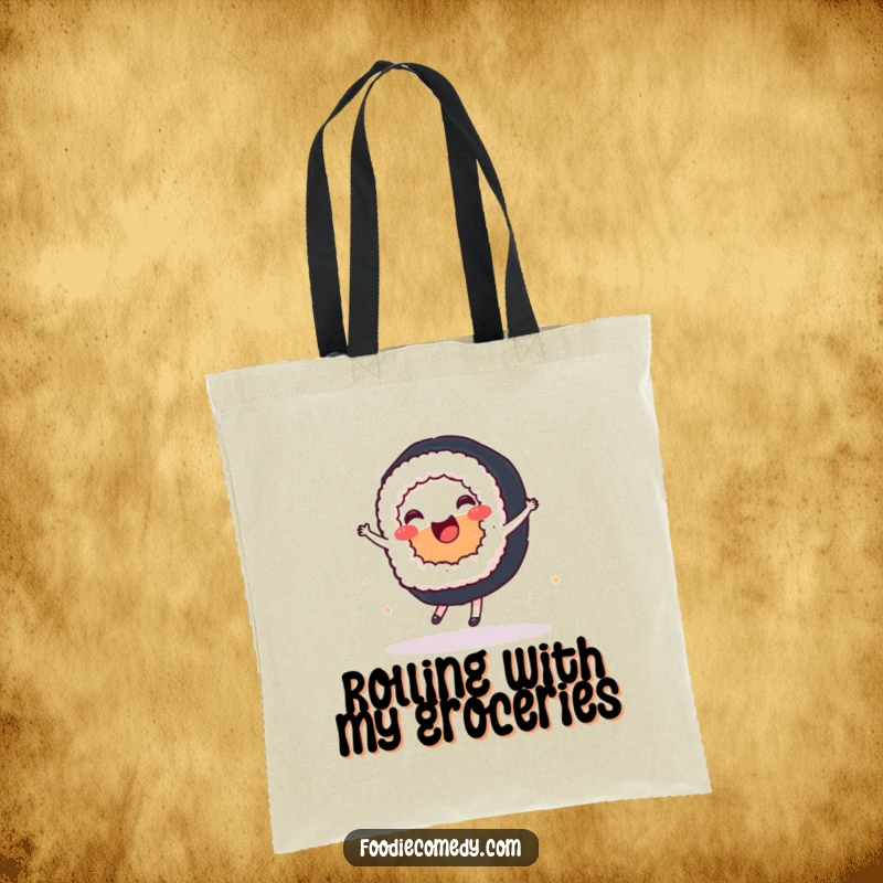 Funny tote bag illustrating a joyful sushi roll executing a graceful ballet spin, perfect for stylish storage.