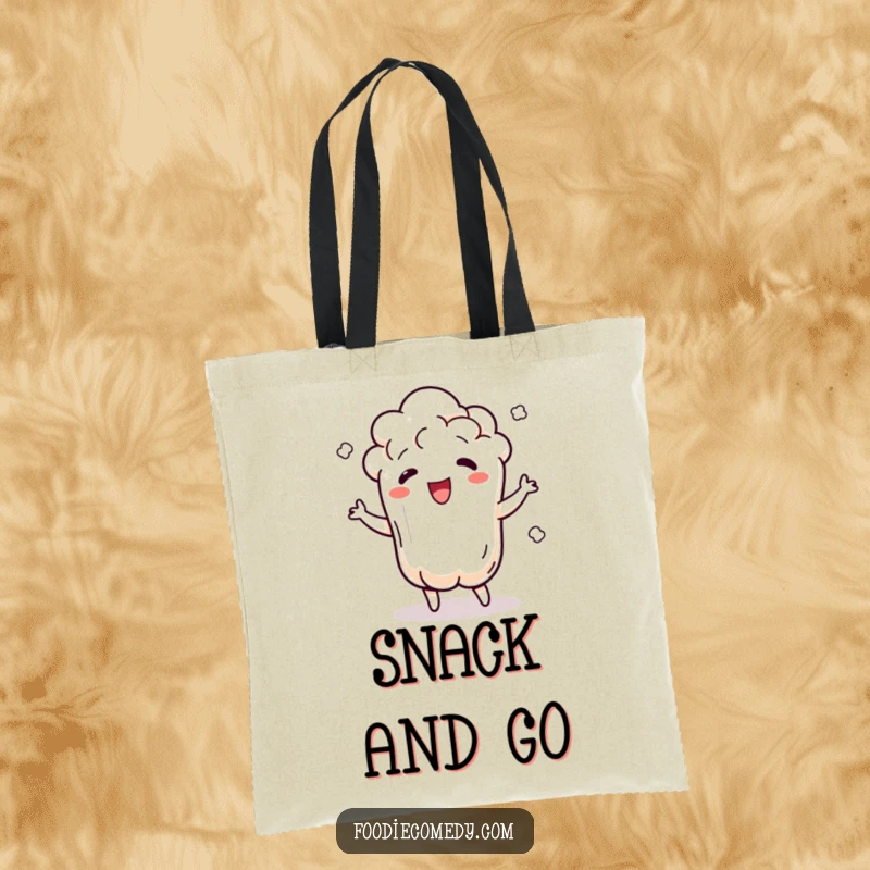 Funny popcorn tote bag with a dancing popcorn kernel popping and jiggling with rhythm, a great funny gift for shoppers.