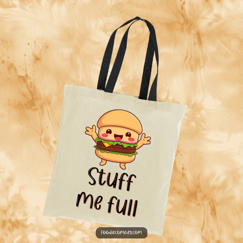 Funny happy burger tote bag, a welcoming character with open arms offering hugs and carrying capacity.