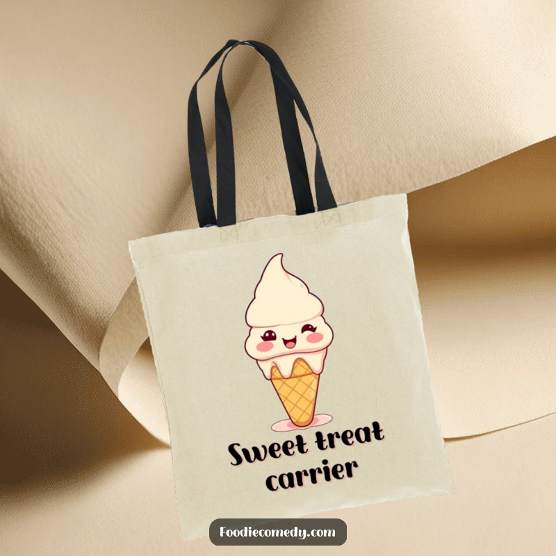 Funny ice cream cone tote bag with a tiny happy cone melting slightly with pure joy, perfect for carrying treats.